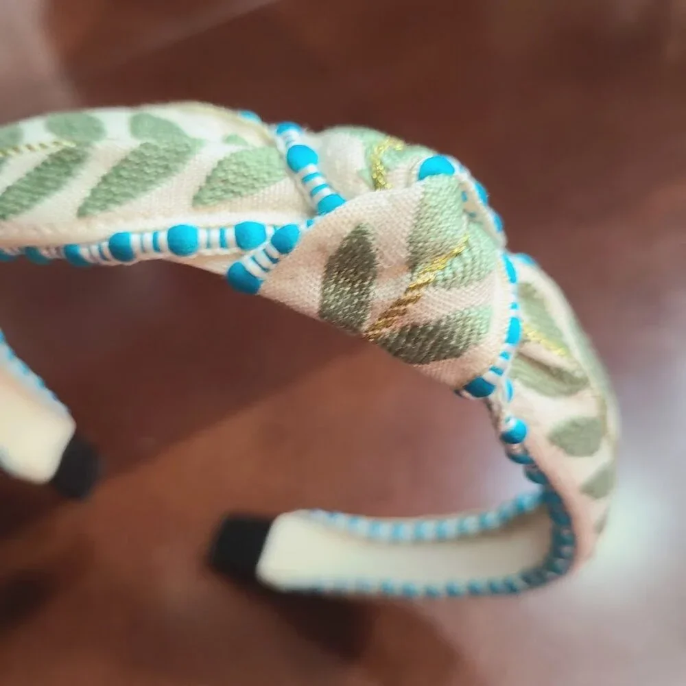 Top Knot Headband For Women Girls Leaves Fabric Hair Accessory Gift Green Blue
